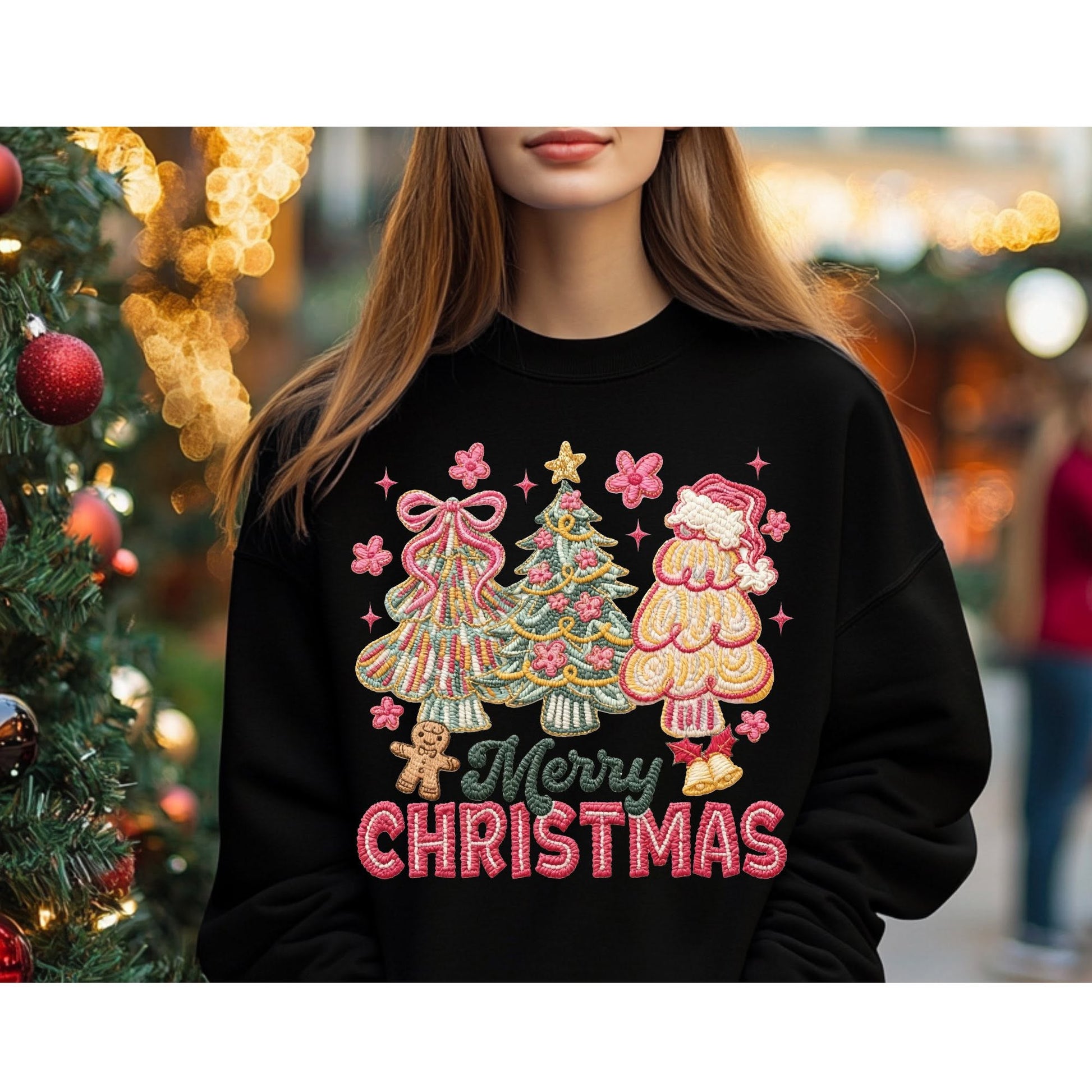 Merry Christmas stitched-look tree trio color mockup