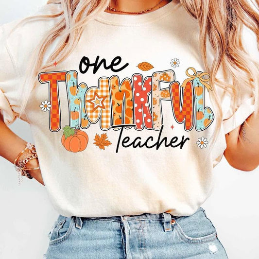 One Thankful Teacher patterned fall lettering