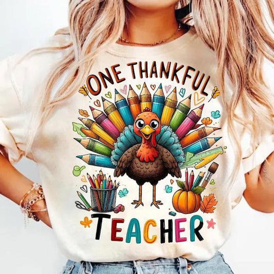 One Thankful Teacher turkey with colored-pencil tail
