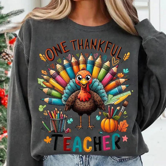 One Thankful Teacher turkey with colored-pencil tail