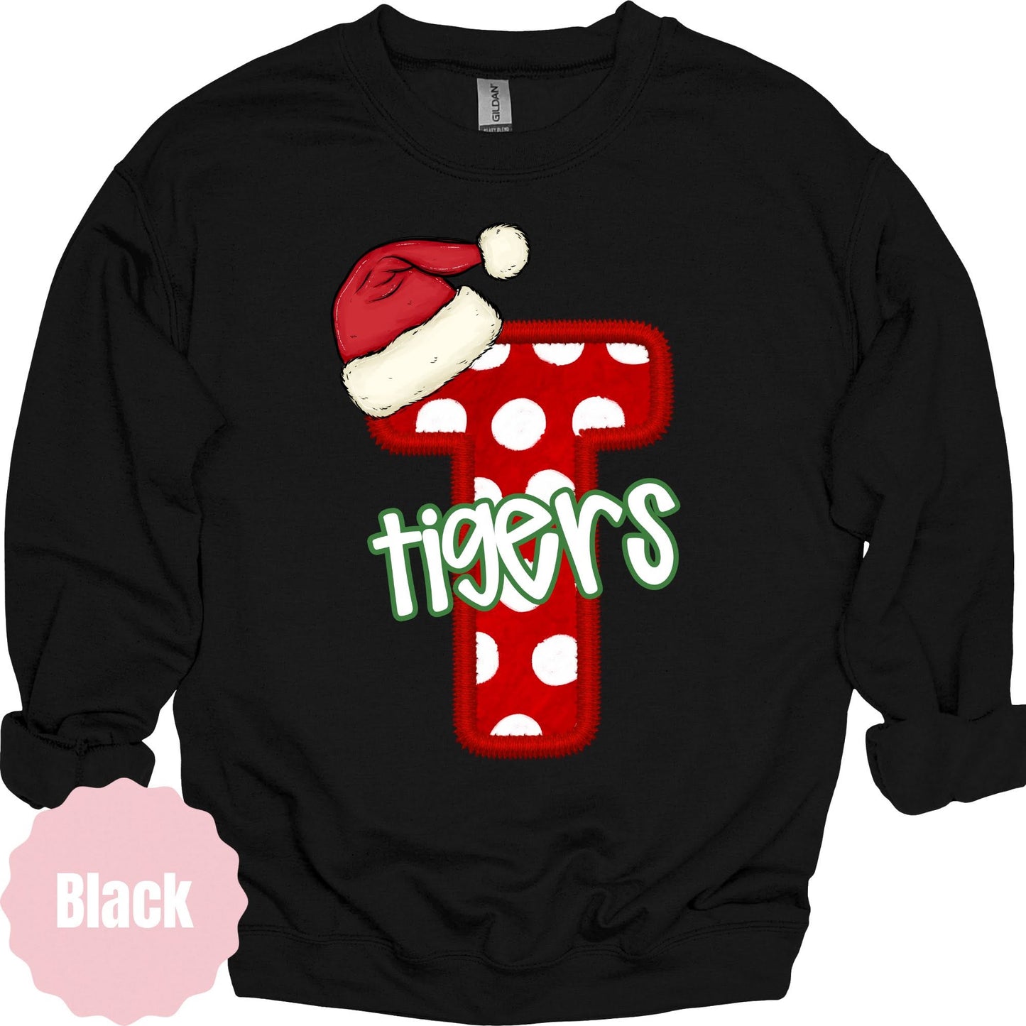 Tigers Santa Hat Polka Dot Initial on black sweatshirt
