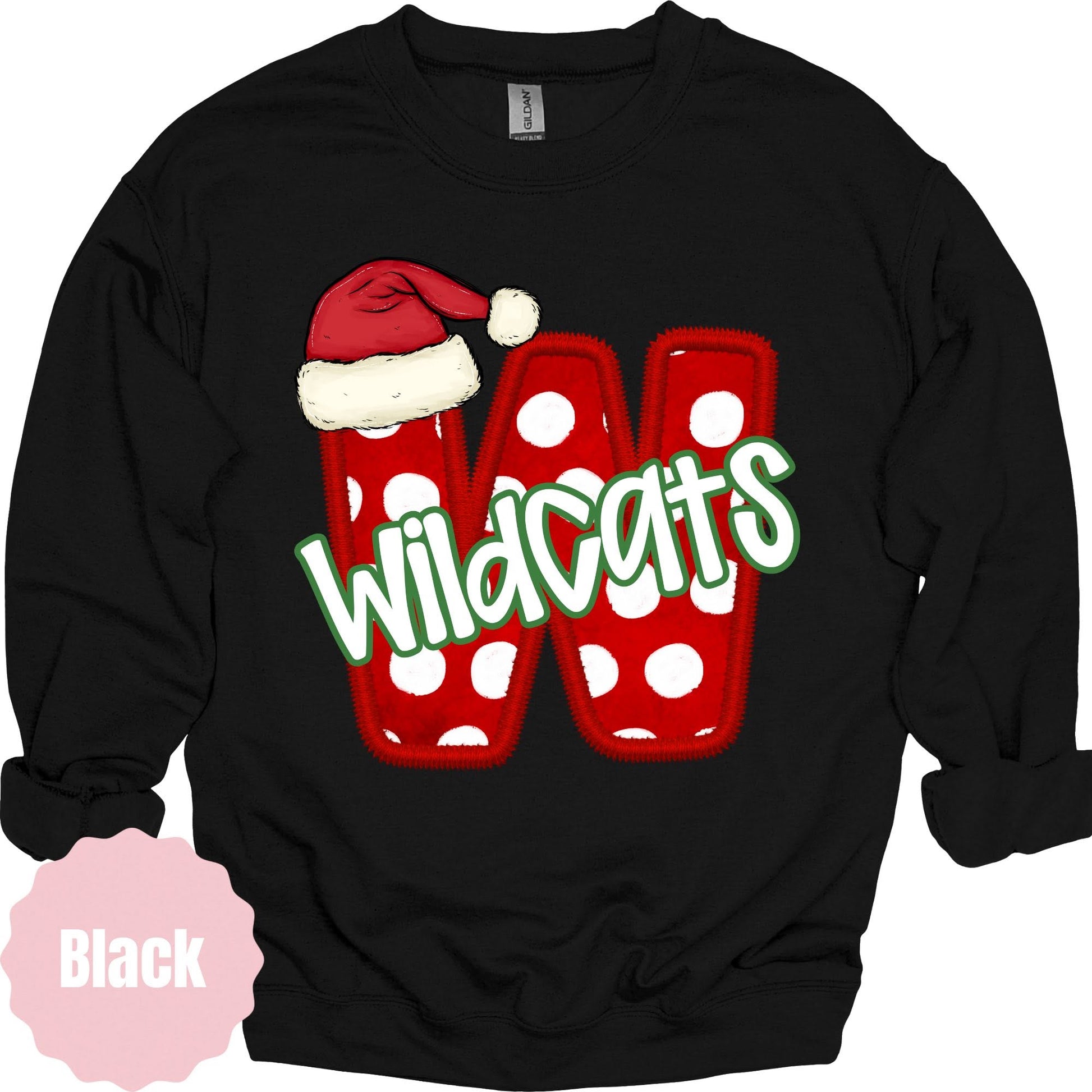 Wildcats Santa Hat Polka Dot Initial on black sweatshirt