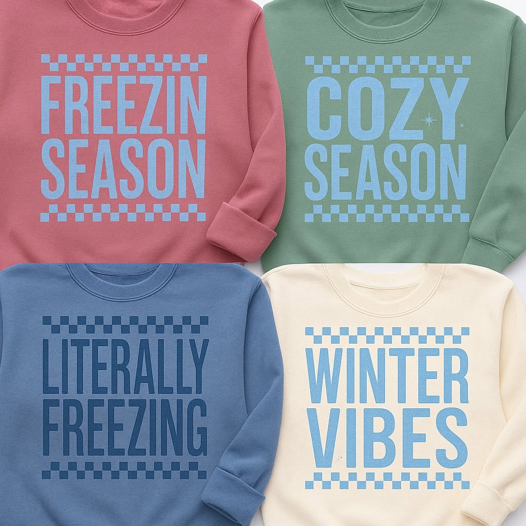 Winter Vibes winter apparel mockup; design appears bottom right in group