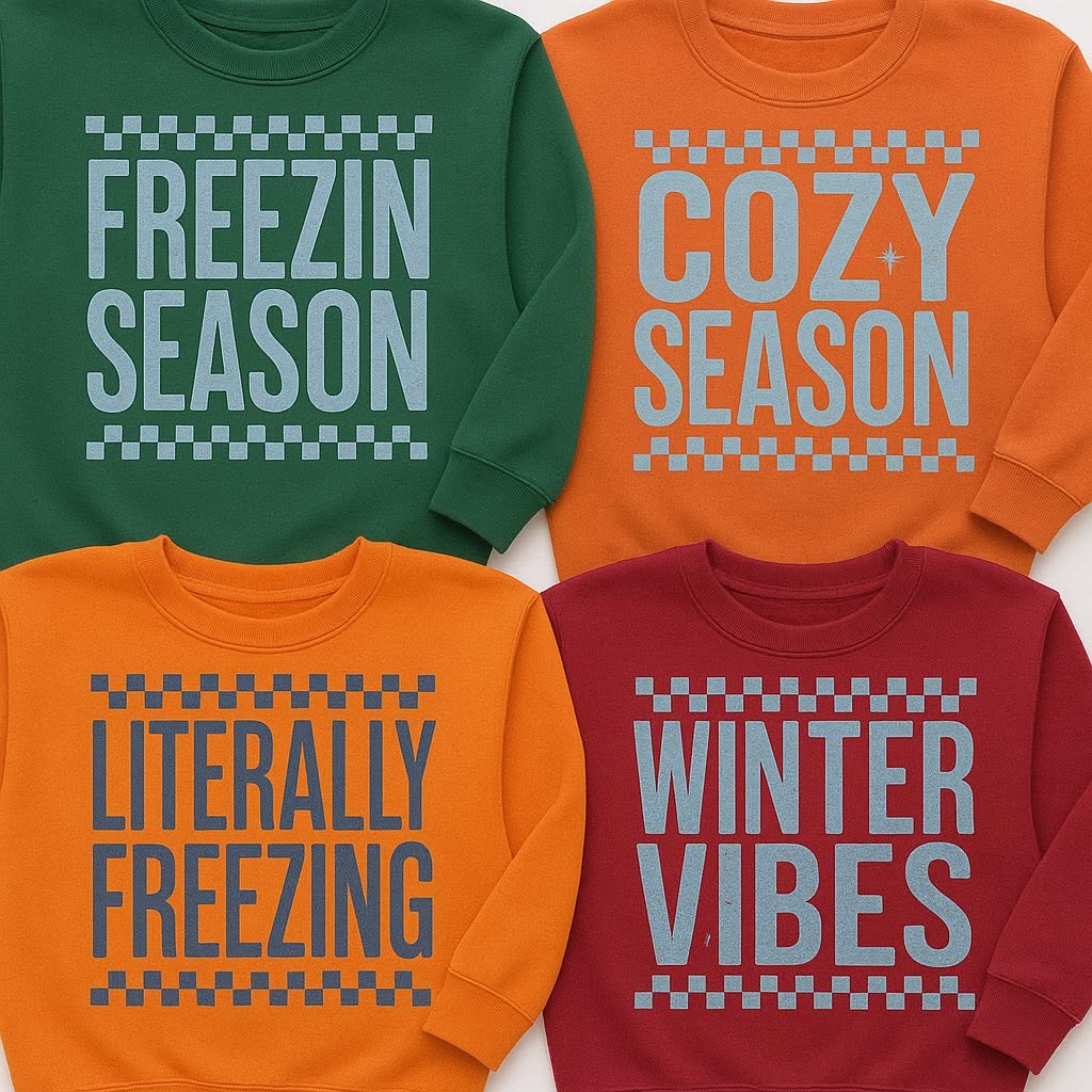 Winter Vibes winter apparel mockup; design appears bottom right in group